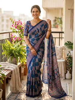 Improbable Blue Ajrakh Printed Mirror Work Satin Silk Saree With Susurrous Blouse Piece
