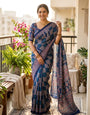 Improbable Blue Ajrakh Printed Mirror Work Satin Silk Saree With Susurrous Blouse Piece