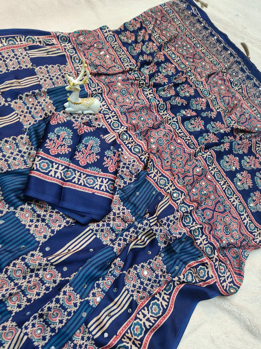 Improbable Blue Ajrakh Printed Mirror Work Satin Silk Saree With Susurrous Blouse Piece