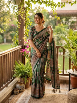 Redolent Dark Green Ajrakh Printed Mirror Work Satin Silk Saree With Serendipity Blouse Piece