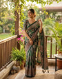 Redolent Dark Green Ajrakh Printed Mirror Work Satin Silk Saree With Serendipity Blouse Piece
