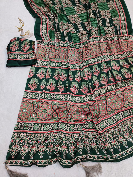 Redolent Dark Green Ajrakh Printed Mirror Work Satin Silk Saree With Serendipity Blouse Piece