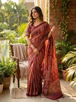 Ethnic Maroon Ajrakh Printed Mirror Work Satin Silk Saree With Intricate Blouse Piece