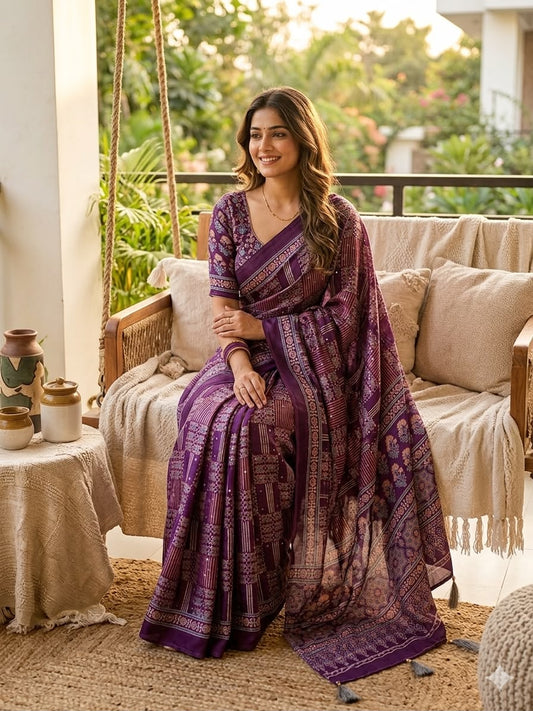 Unique Purple Ajrakh Printed Mirror Work Satin Silk Saree With Sonorous Blouse Piece