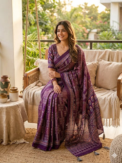 Unique Purple Ajrakh Printed Mirror Work Satin Silk Saree With Sonorous Blouse Piece