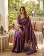 Unique Purple Ajrakh Printed Mirror Work Satin Silk Saree With Sonorous Blouse Piece