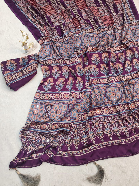 Unique Purple Ajrakh Printed Mirror Work Satin Silk Saree With Sonorous Blouse Piece