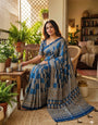 Zephyr Rama Ajrakh Printed Mirror Work Satin Silk Saree With Glittering Blouse Piece