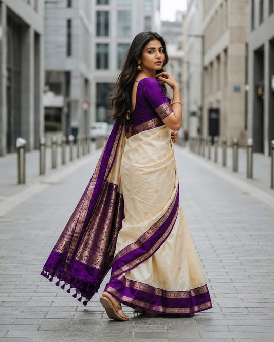 Desiring Beige Pure Banarasi Silk Saree With Seraphic Blouse Piece
