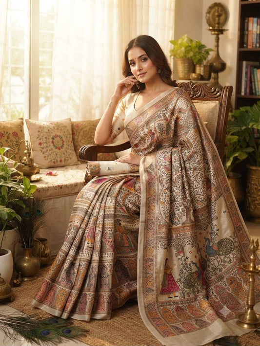 Petrichor Beige Dola Pashmina Saree With Vestigial Blouse Piece