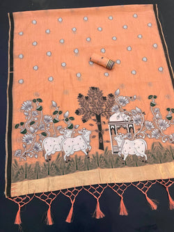 Palimpsest Peach Pure Munga Cotton Silk Saree With Ailurophile Blouse Piece
