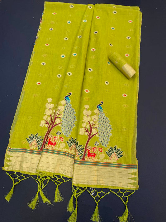 Evocative Green Pure Munga Cotton Silk Saree With Conflate Blouse Piece