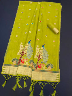 Evocative Green Pure Munga Cotton Silk Saree With Conflate Blouse Piece