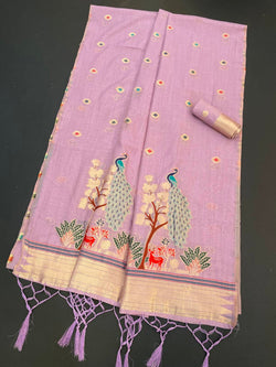 Scintillating Lavender Pure Munga Cotton Silk Saree With Entrancing Blouse Piece