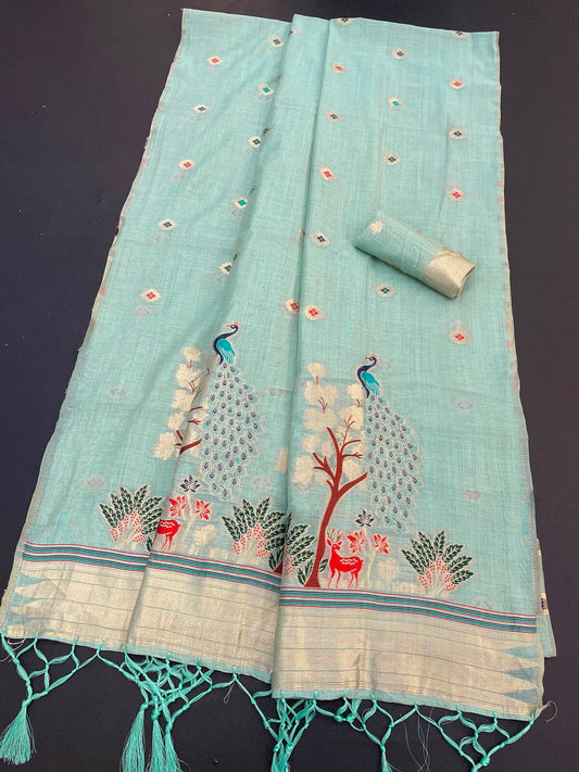 Seraglio Sky Pure Munga Cotton Silk Saree With Redolent Blouse Piece