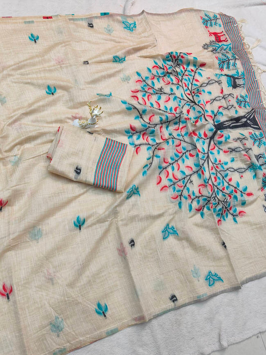 Imbrication Beige Pure Munga Cotton Silk Saree With Sonorous Blouse Piece