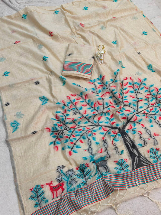 Imbrication Beige Pure Munga Cotton Silk Saree With Sonorous Blouse Piece