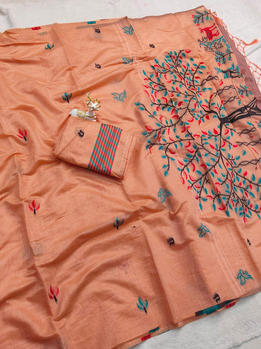 Gleaming Peach Pure Munga Cotton Silk Saree With Ratatouille Blouse Piece