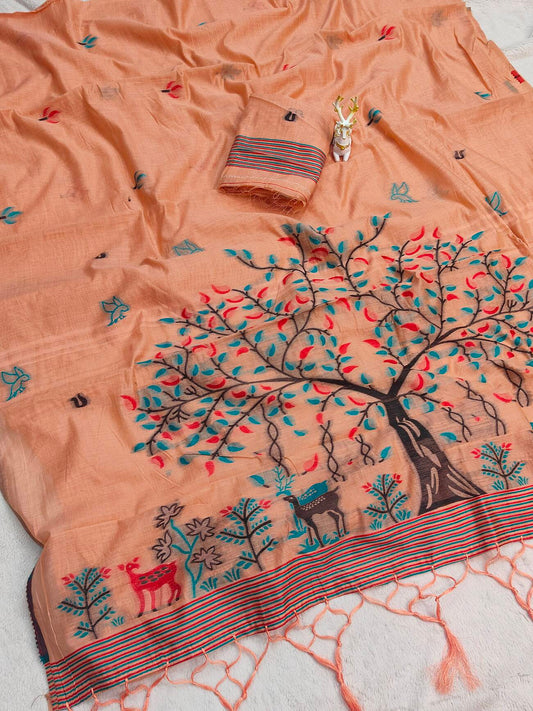Gleaming Peach Pure Munga Cotton Silk Saree With Ratatouille Blouse Piece