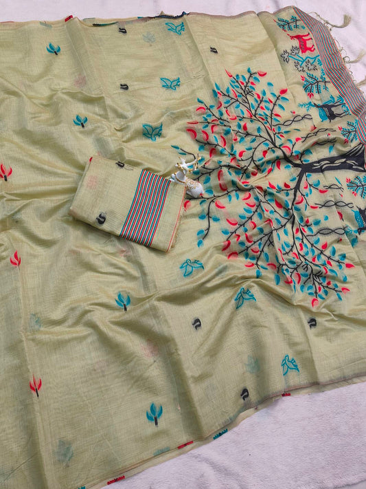 Assemblage Pista Pure Munga Cotton Silk Saree With Deserving Blouse Piece
