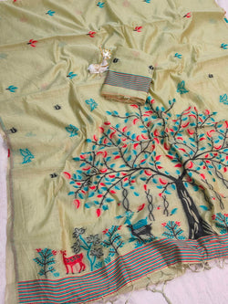 Assemblage Pista Pure Munga Cotton Silk Saree With Deserving Blouse Piece