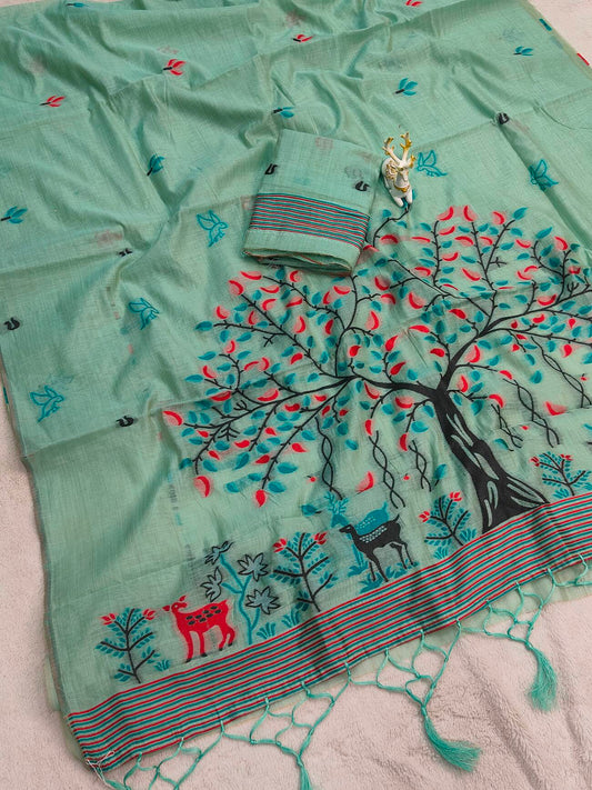 Desuetude Turquoise Pure Munga Cotton Silk Saree With Ethereal Blouse Piece