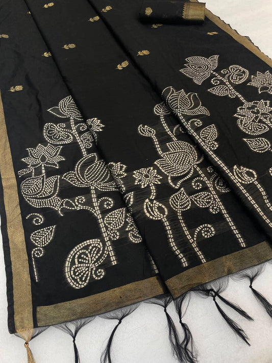 Flaunt Black Pure Munga Cotton Silk Saree With Precious Blouse Piece