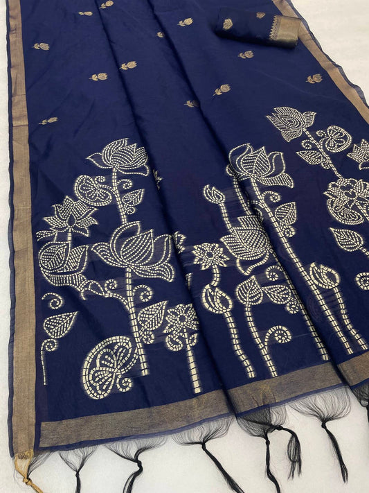 Improbable Navy Blue Pure Munga Cotton Silk Saree With Divine Blouse Piece