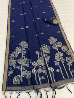 Improbable Navy Blue Pure Munga Cotton Silk Saree With Divine Blouse Piece