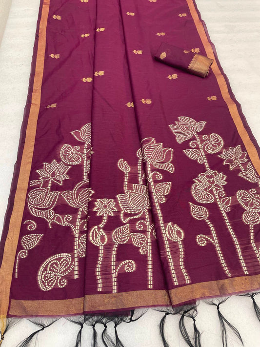 Jazzy Purple Pure Munga Cotton Silk Saree With Impressive Blouse Piece