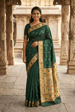 Fragrant Dark Green Paithani Silk Saree With Winsome Blouse Piece