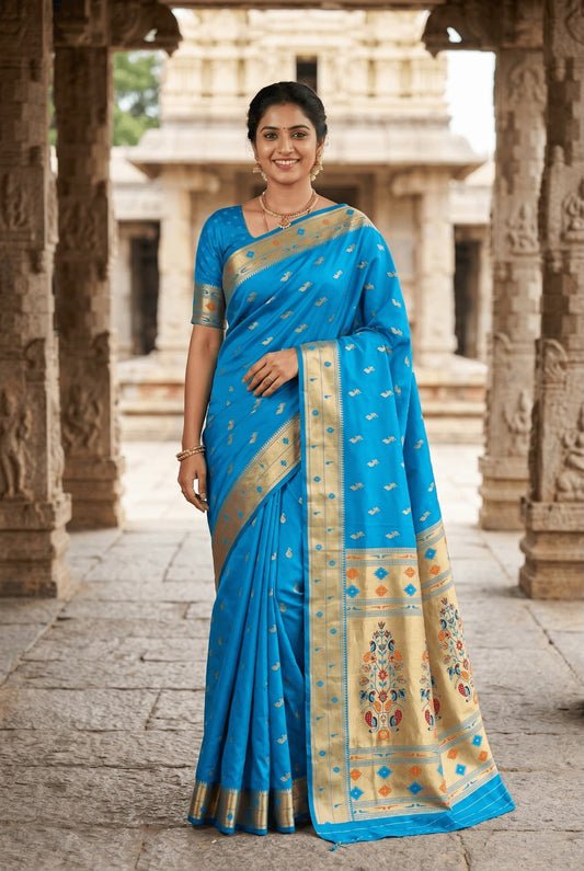 Enamoring Firozi Paithani Silk Saree With Fancifull Blouse Piece