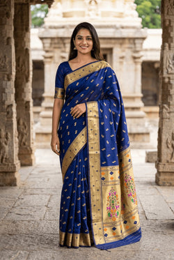 Bewitching Navy Blue Paithani Silk Saree With Adorning Blouse Piece