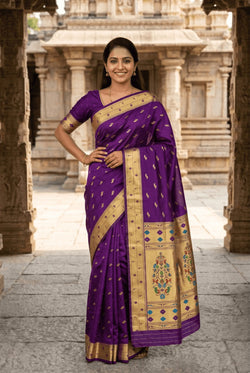 Elaborate Purple Paithani Silk Saree With Dissemble Blouse Piece