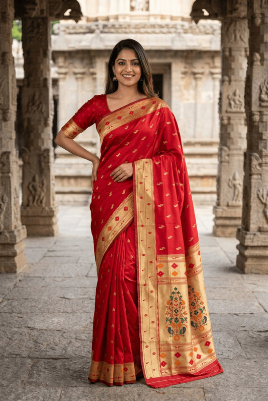 Artistic Red Paithani Silk Saree With Elision Blouse Piece