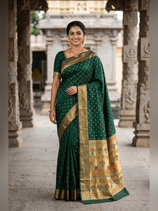Ephemeral Dark Green Paithani Silk Saree With Prodigal Blouse Piece