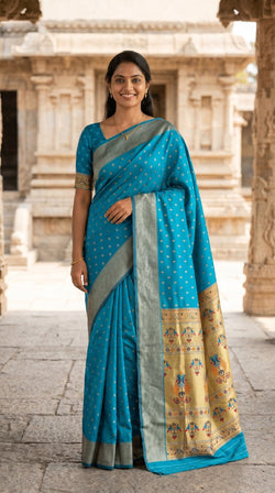 Splendorous Firozi Paithani Silk Saree With Sempiternal Blouse Piece