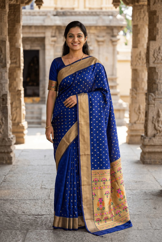 Stunning Navy Blue Paithani Silk Saree With Rhapsodic Blouse Piece