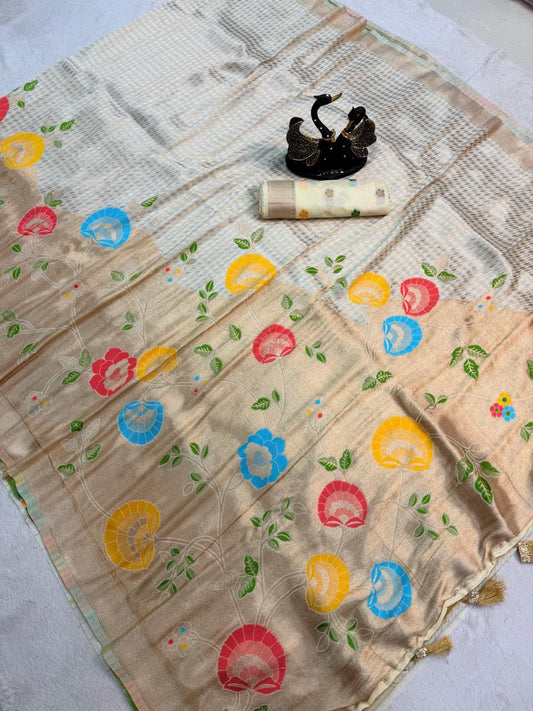 Flameboyant Off White Banarasi Khadi Silk Saree With Magnetic Blouse Piece