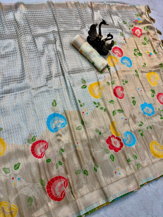Flameboyant Off White Banarasi Khadi Silk Saree With Magnetic Blouse Piece