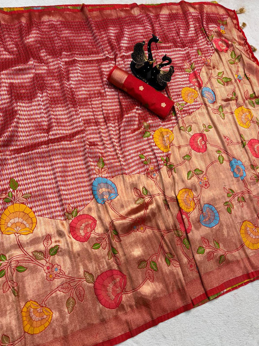 Felicitous Red Banarasi Khadi Silk Saree With Eclat Blouse Piece
