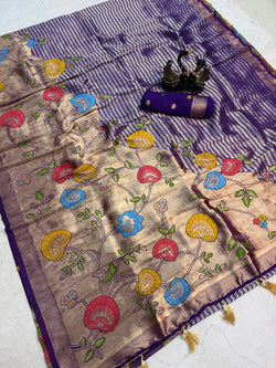Dissemble Royal Blue Banarasi Khadi Silk Saree With Blooming Blouse Piece
