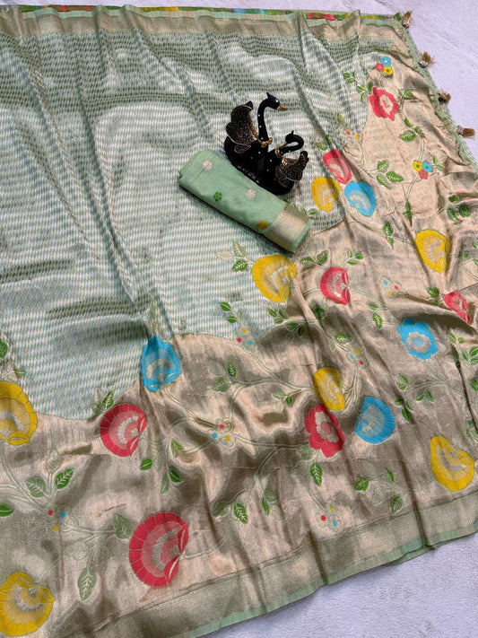 Beauteous Sea Green Banarasi Khadi Silk Saree With Woebegone Blouse Piece