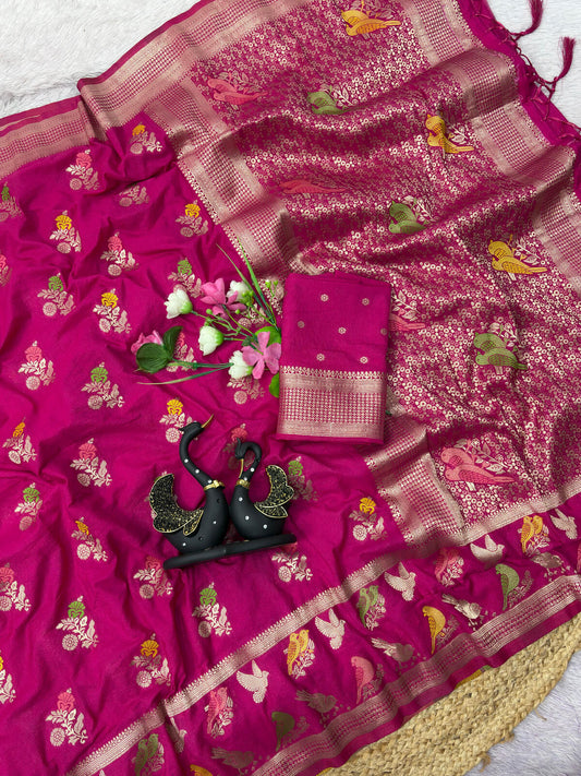 Phenomenal Dark Pink Banarasi Khadi Silk Saree With Flattering Blouse Piece