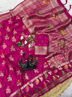 Phenomenal Dark Pink Banarasi Khadi Silk Saree With Flattering Blouse Piece
