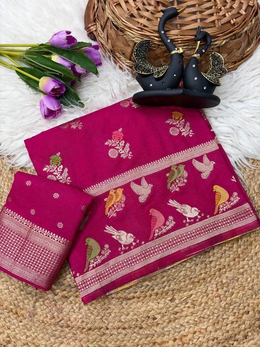 Phenomenal Dark Pink Banarasi Khadi Silk Saree With Flattering Blouse Piece