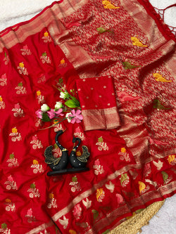 Trendy Red Banarasi Khadi Silk Saree With Alluring Blouse Piece
