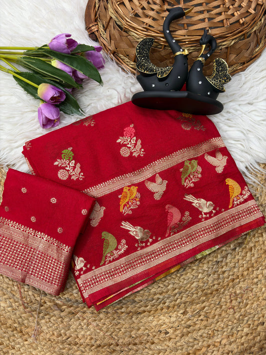 Trendy Red Banarasi Khadi Silk Saree With Alluring Blouse Piece
