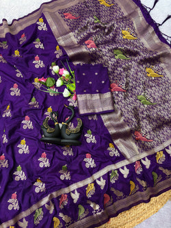Majesty Royal Purple Banarasi Khadi Silk Saree With Designer Blouse Piece