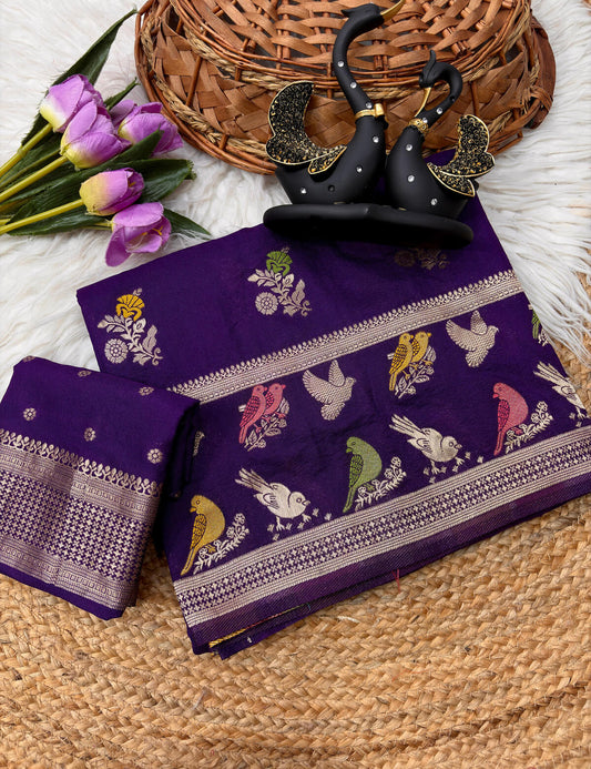 Majesty Royal Purple Banarasi Khadi Silk Saree With Designer Blouse Piece